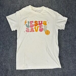 Unbranded Jesus Saves Graphic T-Shirt Cream Retro 70s Style Smiley Face Small